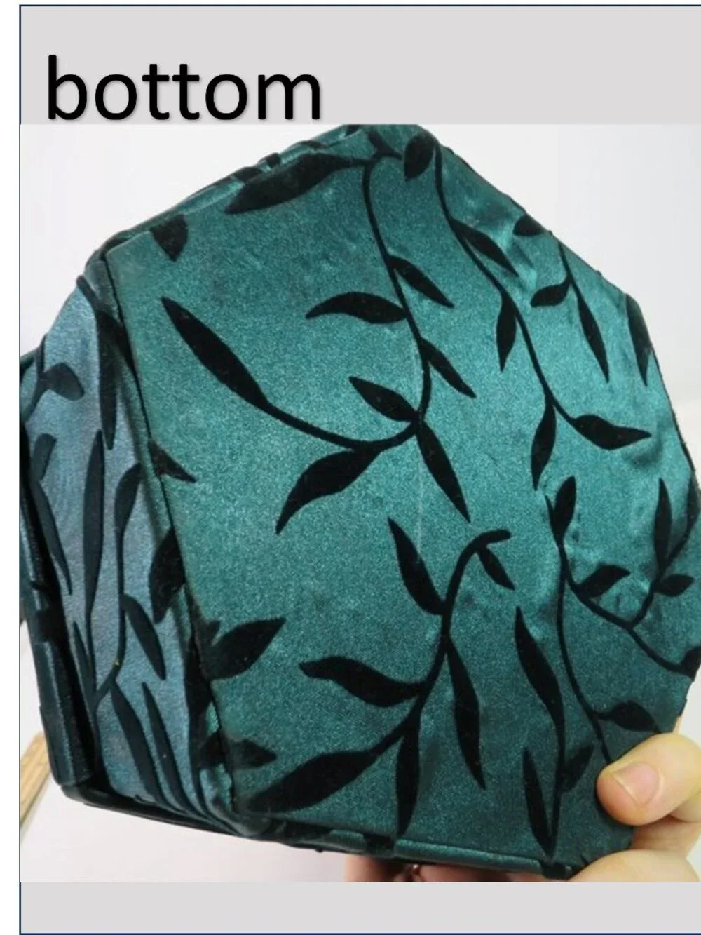 Vintage Hexagonal Fabric Covered Gift Box Teal Velvet Leaves Black Gold Bow